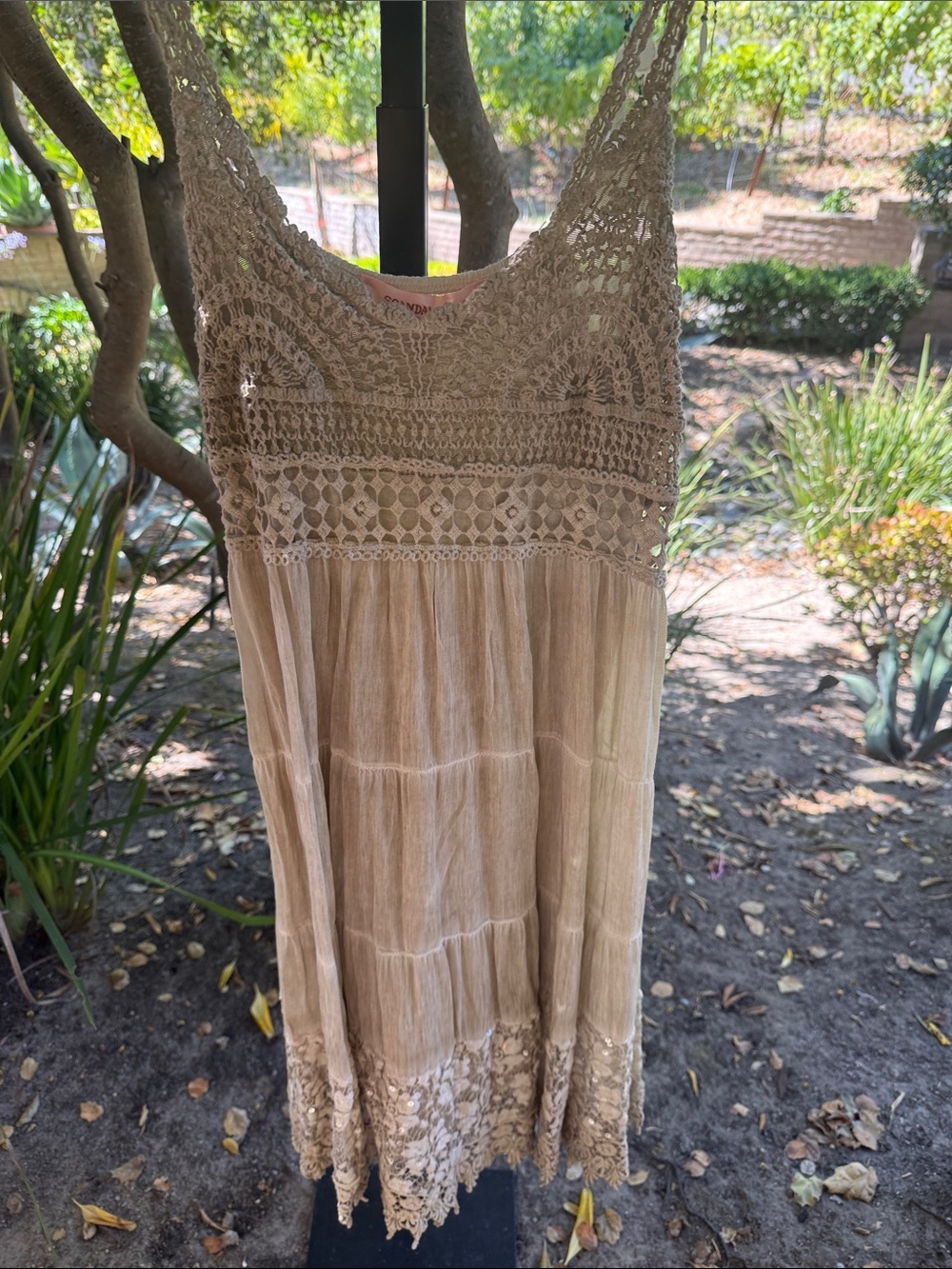 Sleeveless Crochet Bodice Beige Dress